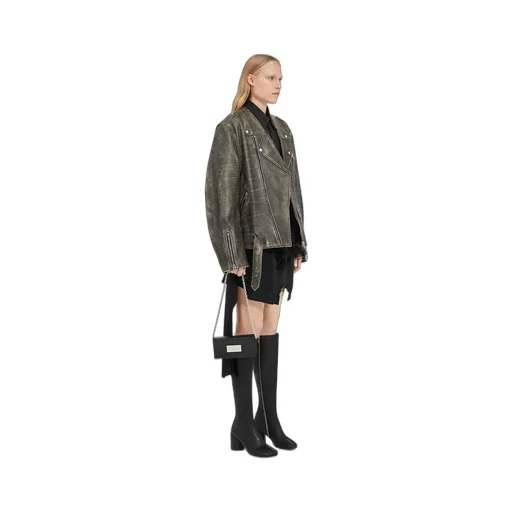 Distressed-Effect Buckle-Belted Leather Jacket