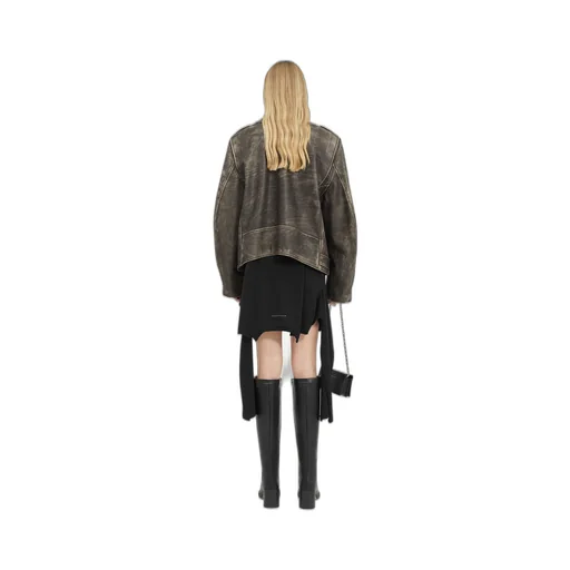 Distressed-Effect Buckle-Belted Leather Jacket