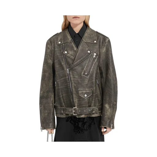 Distressed-Effect Buckle-Belted Leather Jacket