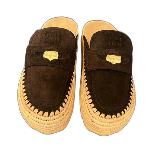 Suede And Raffia Flatform Mules