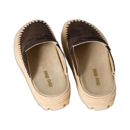 Suede And Raffia Flatform Mules