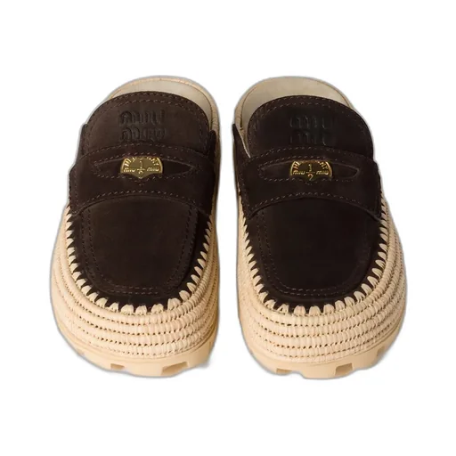 Suede And Raffia Flatform Mules
