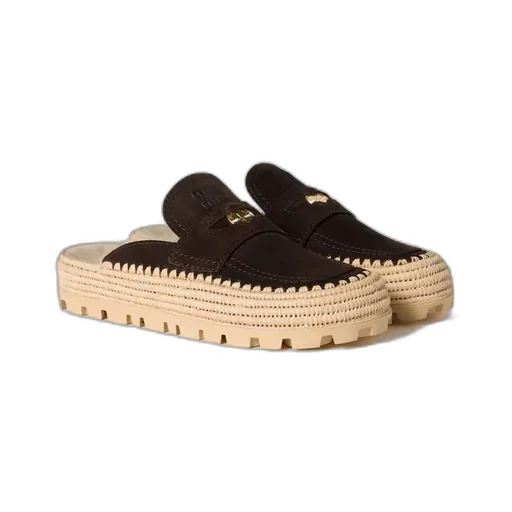 Suede And Raffia Flatform Mules