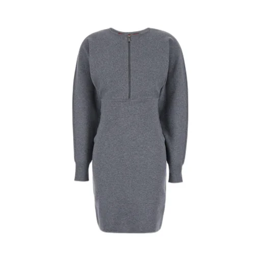 Zip Detailed Crewneck Long-Sleeved Dress