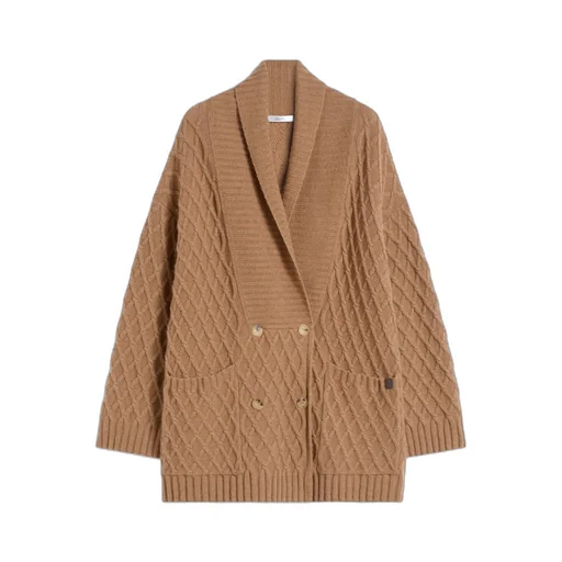 Double-Breasted Camel-Yarn Cardigan