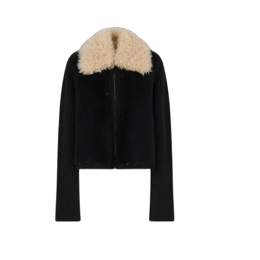 Black Wool Cardigan With Shearling Patches