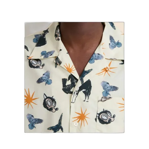 Poplin Bowling Shirt With Wolves, Ravens And Doves Print