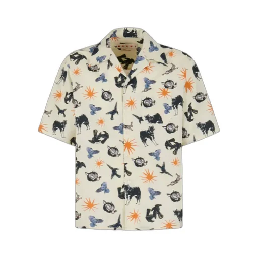 Poplin Bowling Shirt With Wolves, Ravens And Doves Print