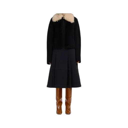 Black Wool Cardigan With Shearling Patches