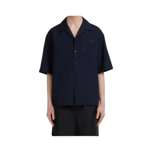 Deep Blue Tropical Wool Bowling Shirt With Marni Mending