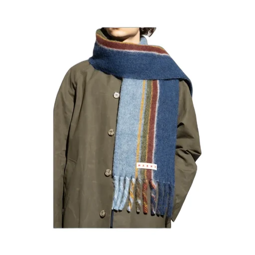 Logo Patch Striped Knit Fringed Scarf