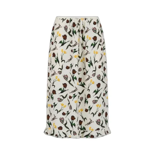 Tulips And Hares Print Satin Midi Skirt