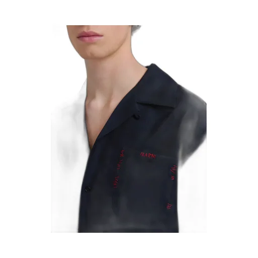Deep Blue Tropical Wool Bowling Shirt With Marni Mending