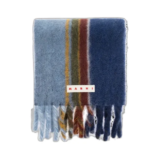 Logo Patch Striped Knit Fringed Scarf