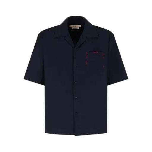 Deep Blue Tropical Wool Bowling Shirt With Marni Mending