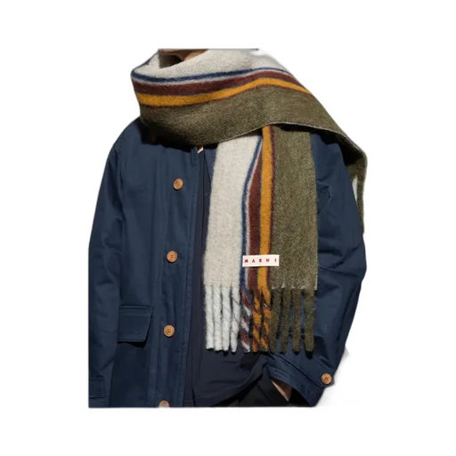 Logo Patch Striped Knit Fringed Scarf