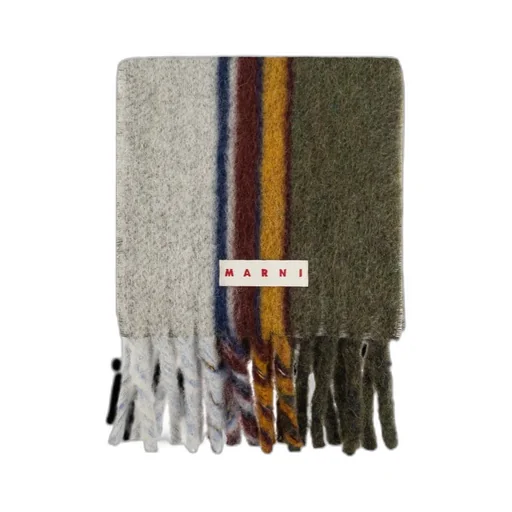 Logo Patch Striped Knit Fringed Scarf