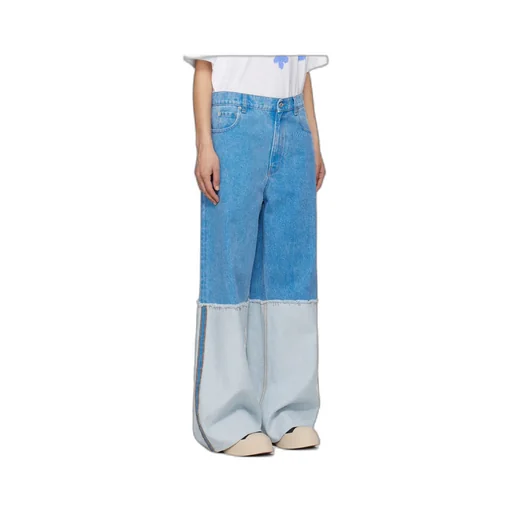 Wide-Leg Blue Denim Jeans With Extra High Cuffs