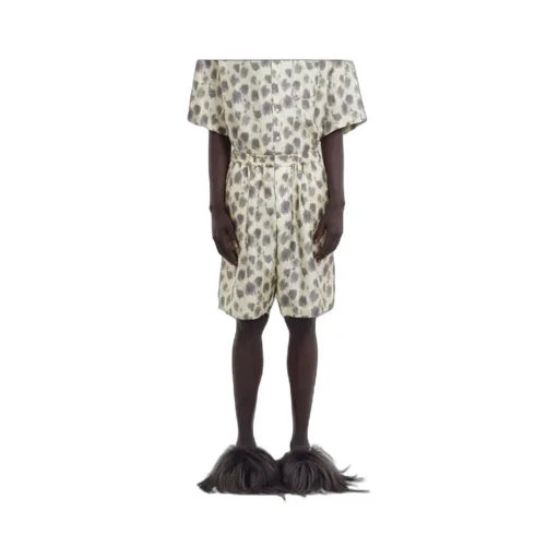 Light Yellow Silk Bermuda Shorts With Crayon Leopard Prints