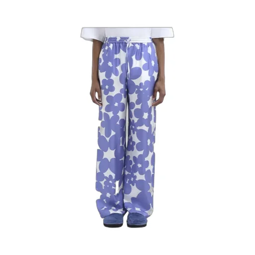 Silk Pyjama Trousers With White And Light Blue Dillies Print