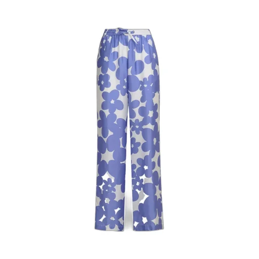 Silk Pyjama Trousers With White And Light Blue Dillies Print