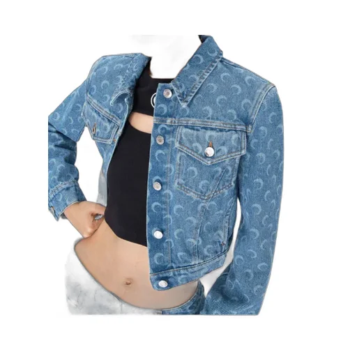 Moon Laser-Etched Water-Resistant Short-Sleeved Denim Jacket