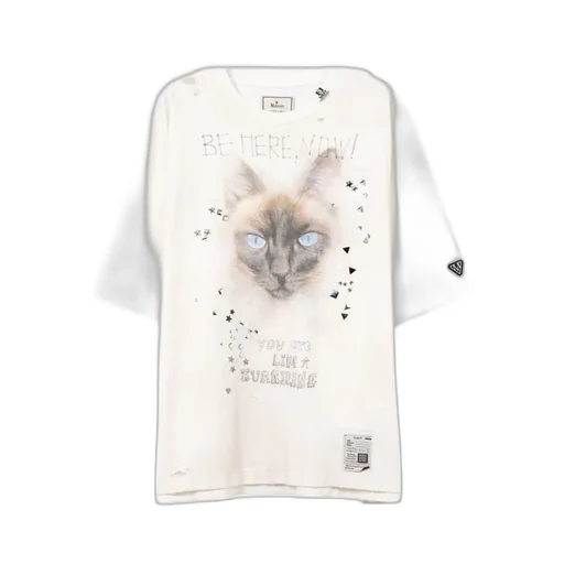 Cat Printed Embellished Distressed T-Shirt