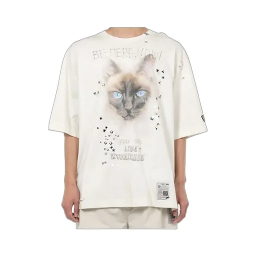Cat Printed Embellished Distressed T-Shirt