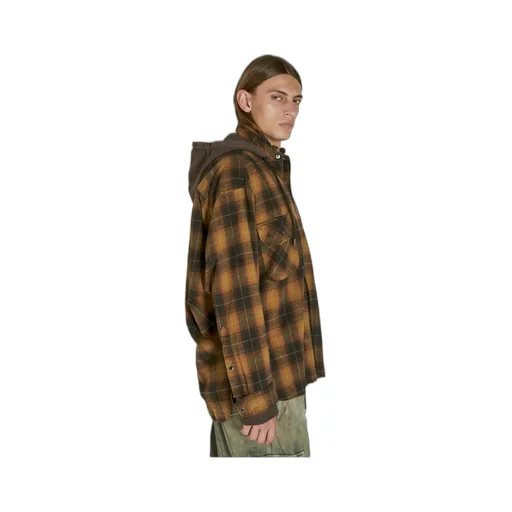 Plaid-Check Cotton Hooded Shirt