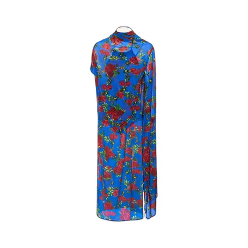 Asymmetric Drape Gown In Blue Floral Print