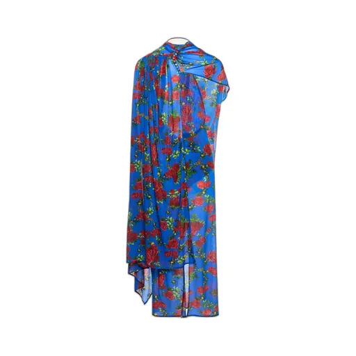 Asymmetric Drape Gown In Blue Floral Print