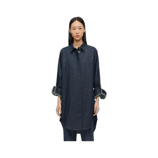 Chain-Detailed Denim Shirt Dress