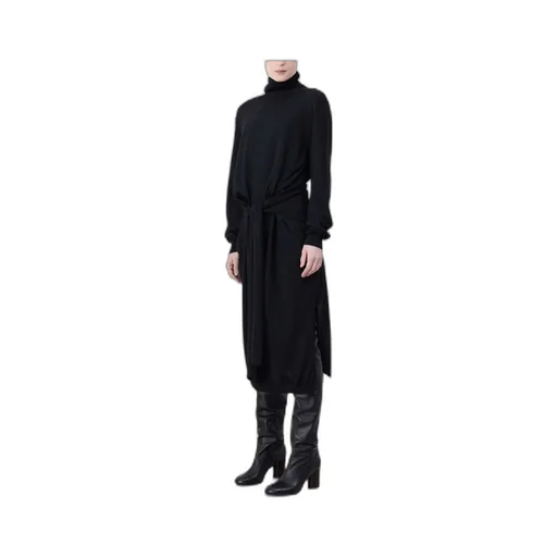 Trompe L'oeil Turtleneck Belted Midi Dress