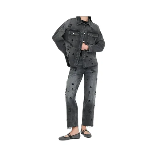 Straight-Leg Denim Trousers With Rhinestones