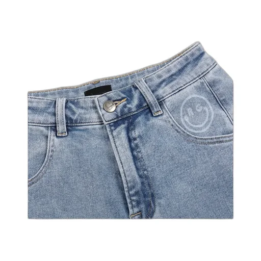 Straight Jeans With Smiley Face And Crimped Rim