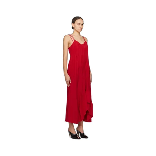 Pleated Asymmetric-Hem Sleeveless Midi Dress