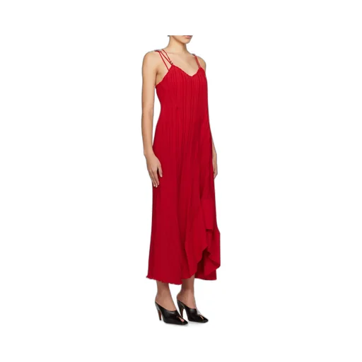 Pleated Asymmetric-Hem Sleeveless Midi Dress