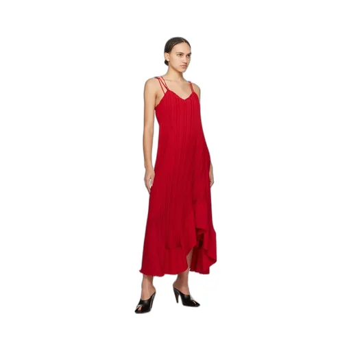 Pleated Asymmetric-Hem Sleeveless Midi Dress