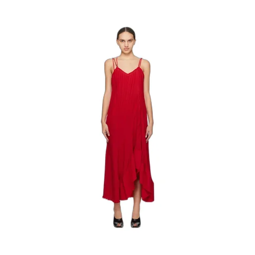 Pleated Asymmetric-Hem Sleeveless Midi Dress