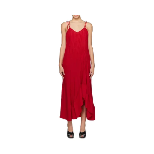 Pleated Asymmetric-Hem Sleeveless Midi Dress