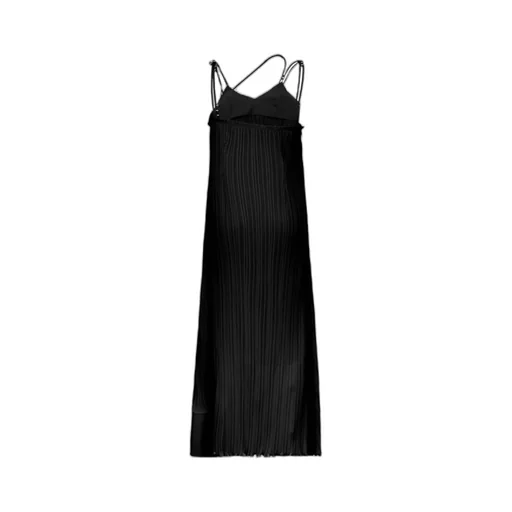 Pleated Asymmetric-Hem Sleeveless Midi Dress