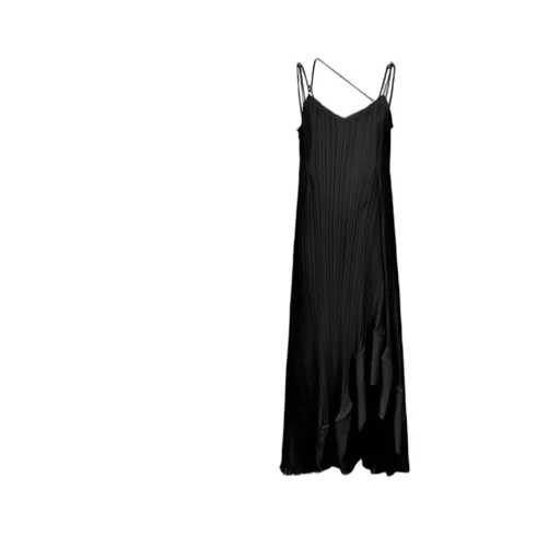 Pleated Asymmetric-Hem Sleeveless Midi Dress