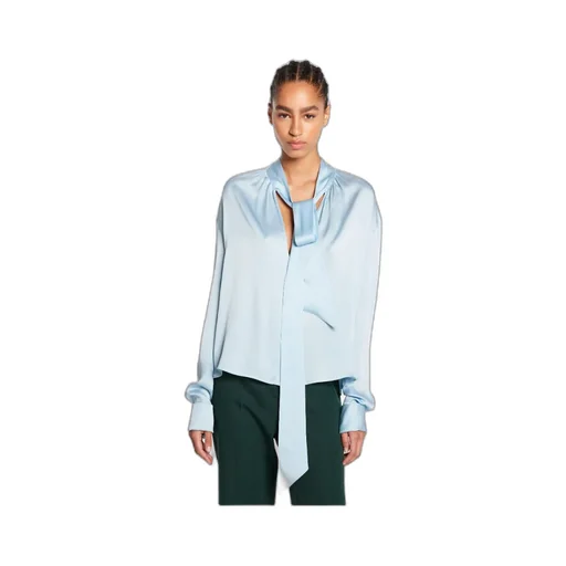Ribbon-Fastened Long-Sleeved Satin Blouse
