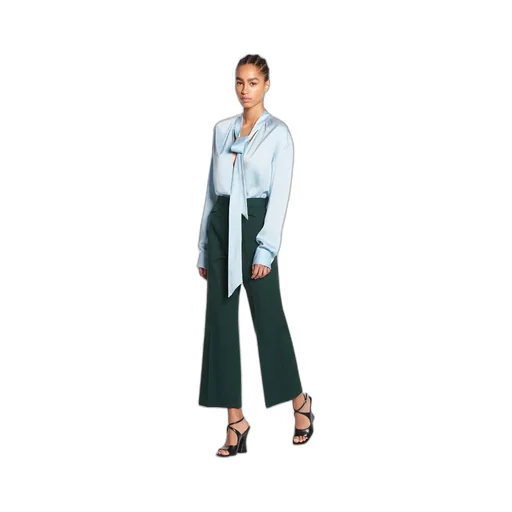 Ribbon-Fastened Long-Sleeved Satin Blouse