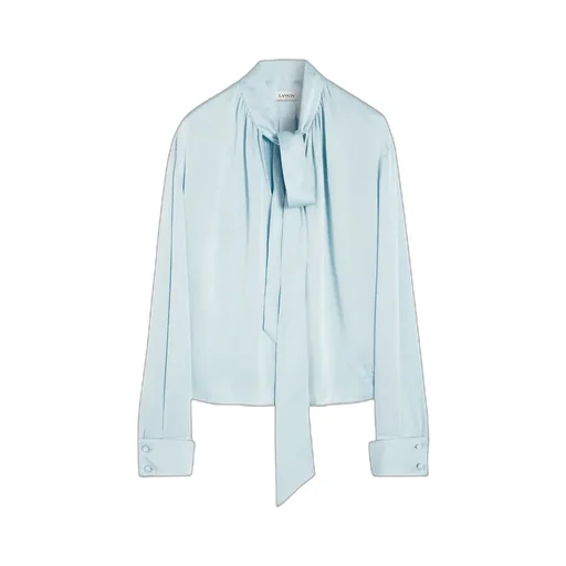 Ribbon-Fastened Long-Sleeved Satin Blouse