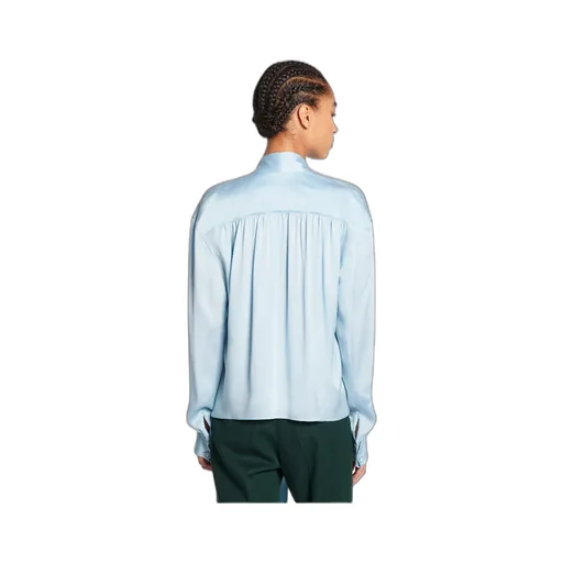 Ribbon-Fastened Long-Sleeved Satin Blouse