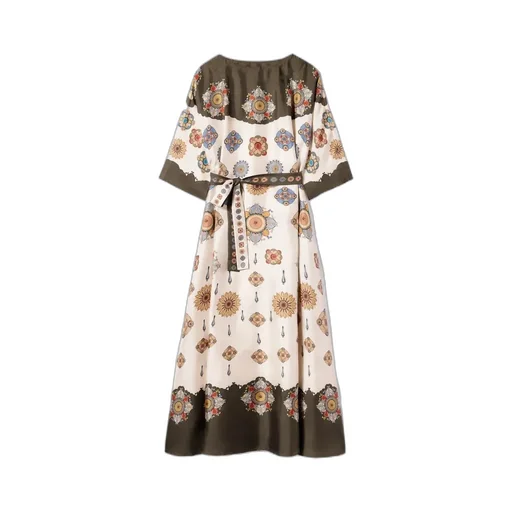 Placed Floral Print Silk Dress