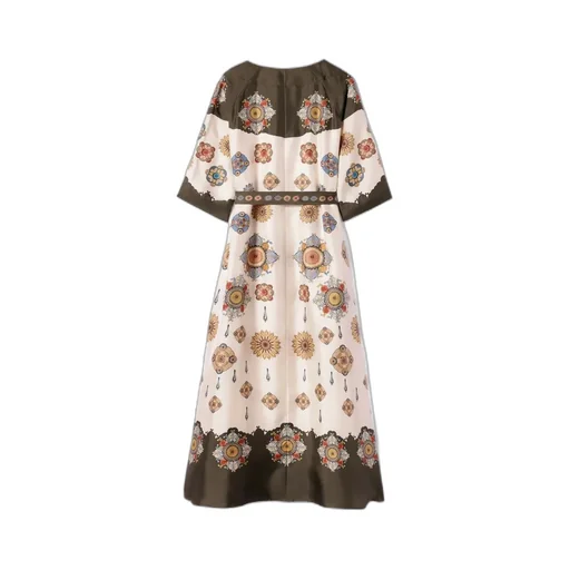 Placed Floral Print Silk Dress