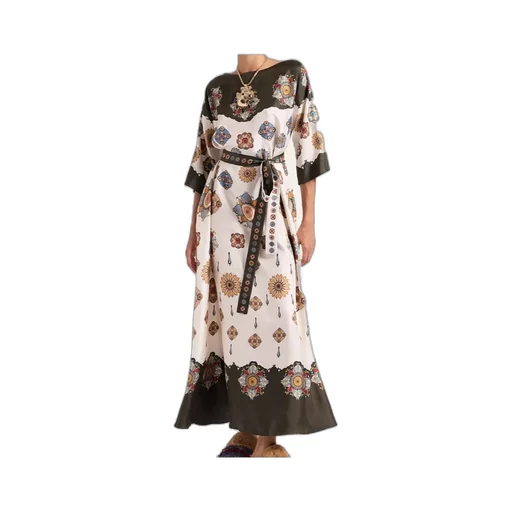 Placed Floral Print Silk Dress