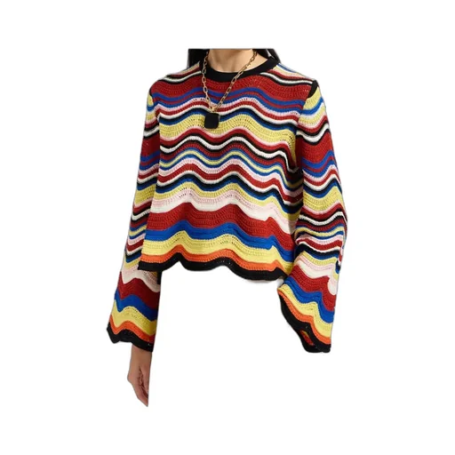 Wave-Pattern Bell-Sleeve Sweater